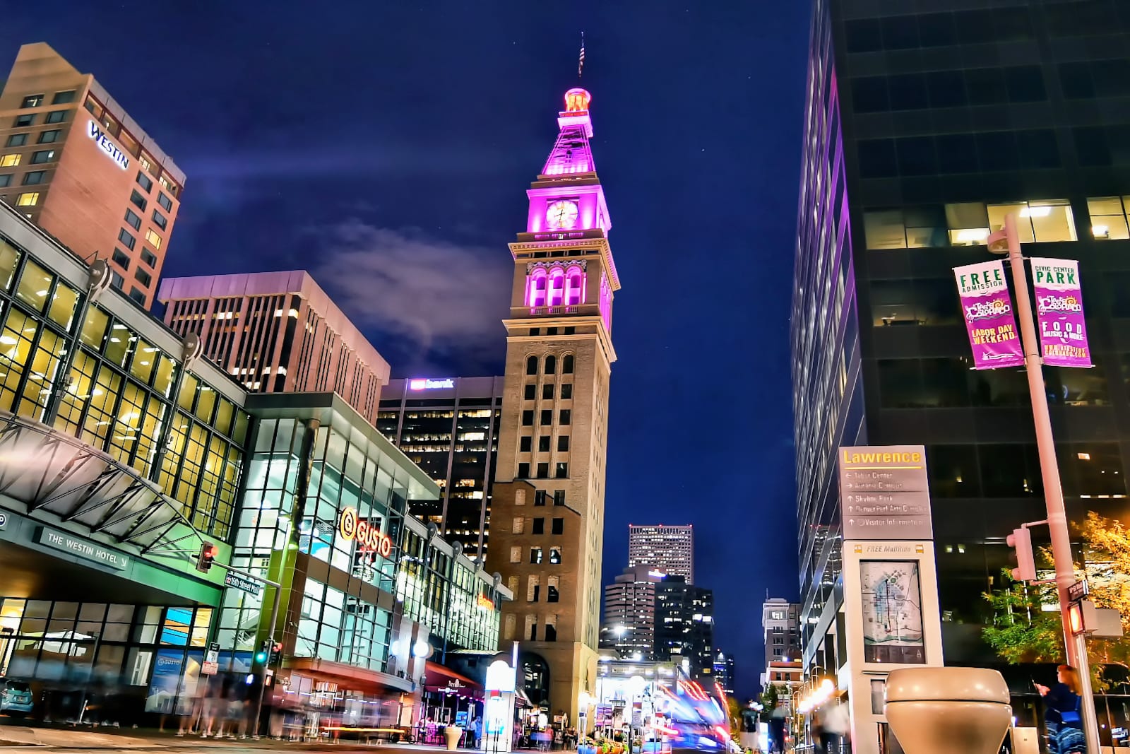 Downtown Denver Colorado Night Cityscape 16th Street Mall Clocktower