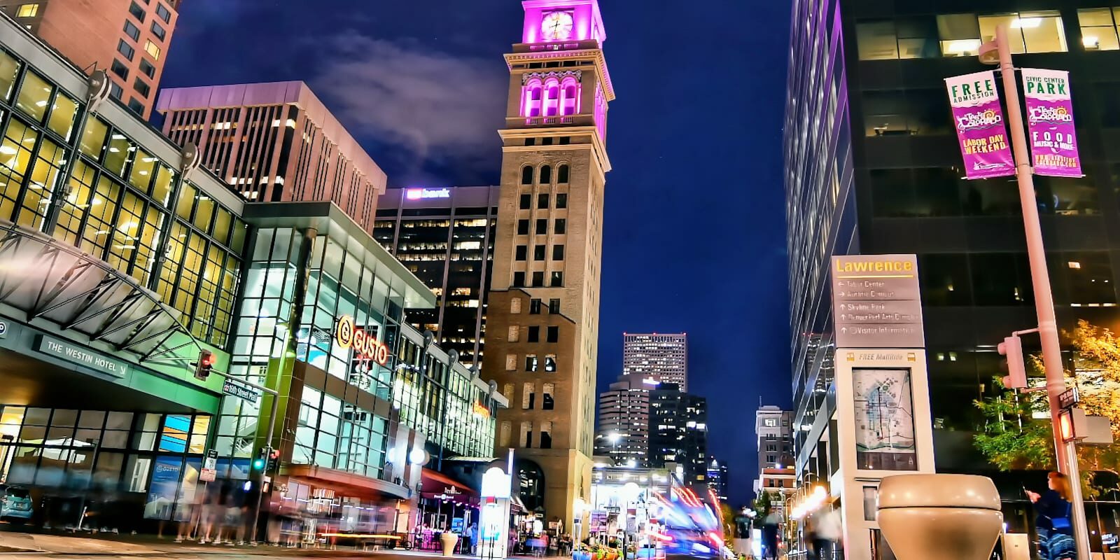 Downtown Denver Colorado Night Cityscape 16th Street Mall Clocktower