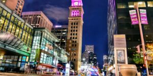 Downtown Denver Colorado Night Cityscape 16th Street Mall Clocktower