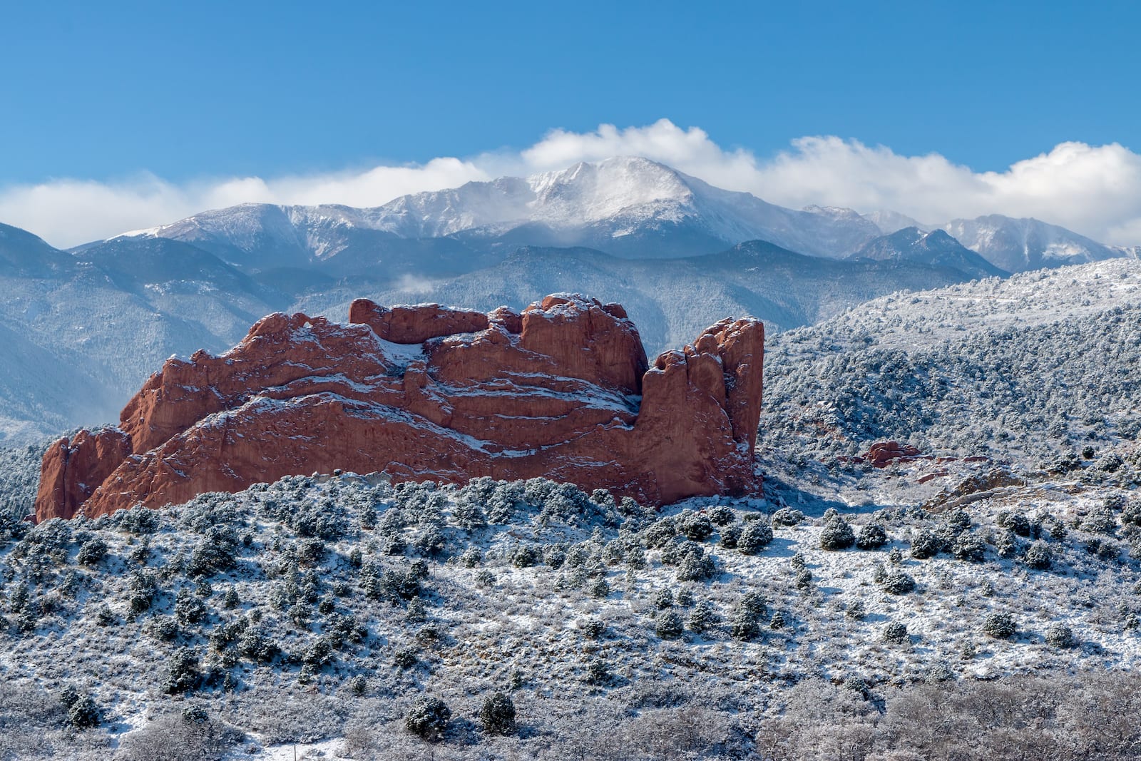 Garden of the Gods Pikes Peak Snow Covered Colorado Springs