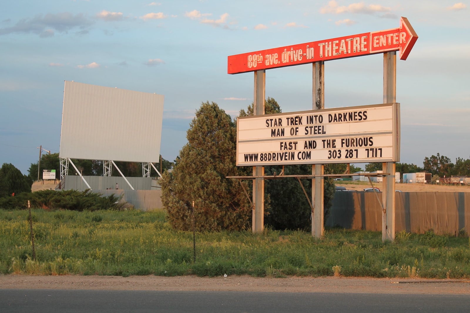 Image of the 88 Drive-in Theatre entrance sign in Commerce City, Colorado