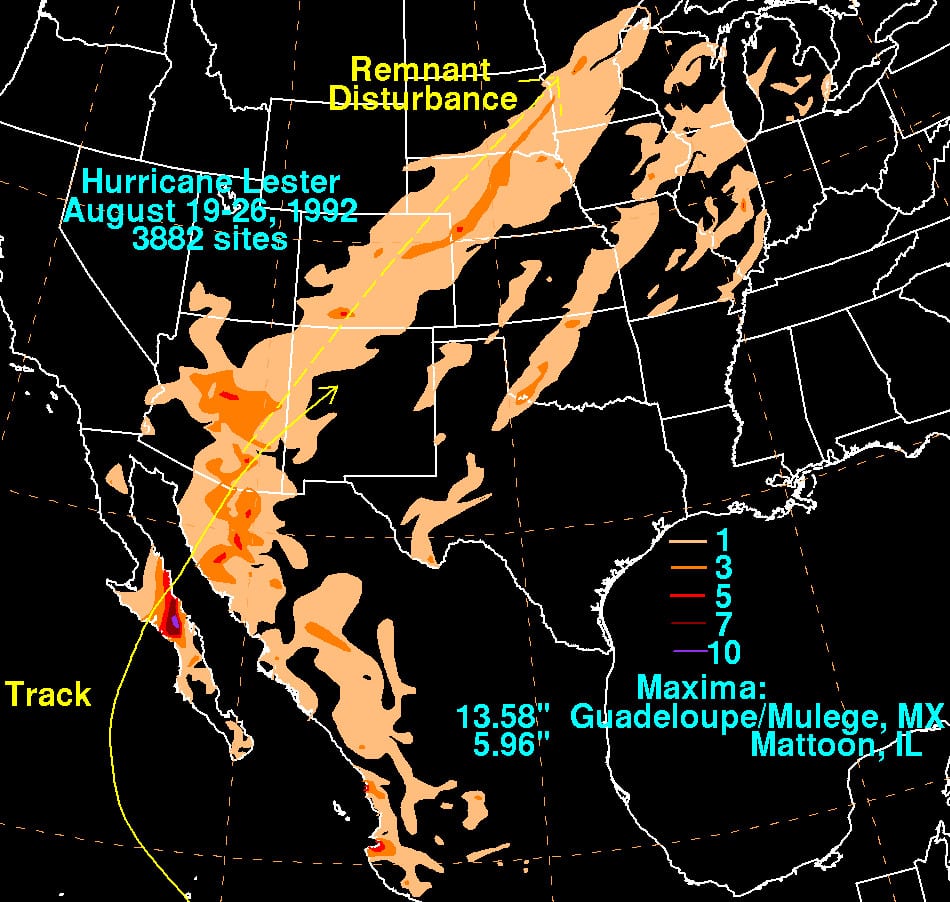 Hurricane Lester 1992 Rainfall Map