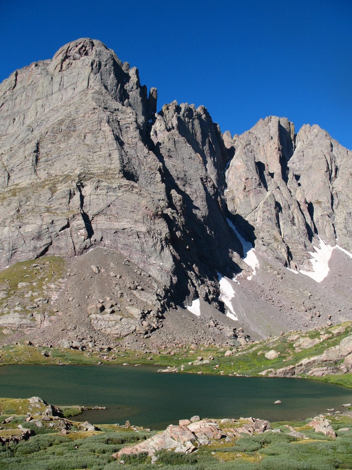 Crestone Needle rising over Lower South Colony Lake, CO