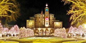 The Broadmoor Hotel Christmas Lights on Trees Outside Colorado Springs