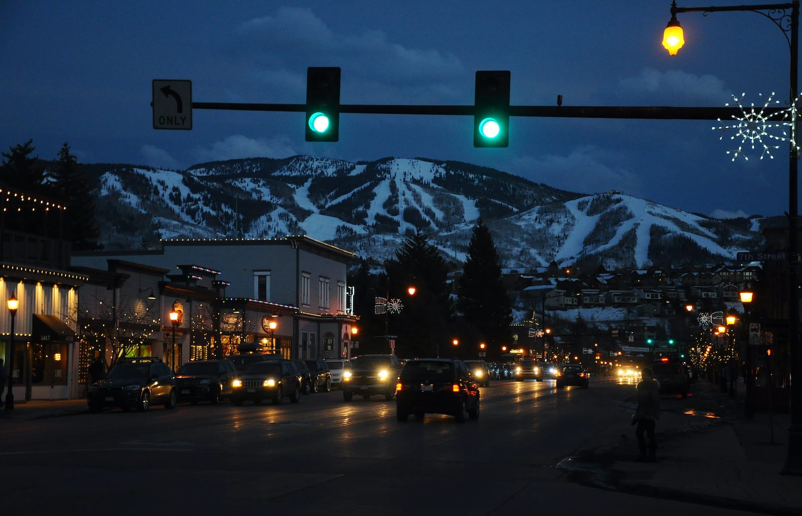 Dusk in Downtown Steamboat Springs with view of Ski Resort Winter
