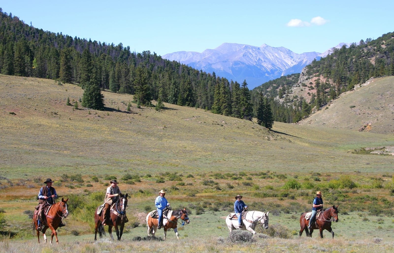 Image of 5 men riding horses in the mountains at Elk Mountain Ranch, CO