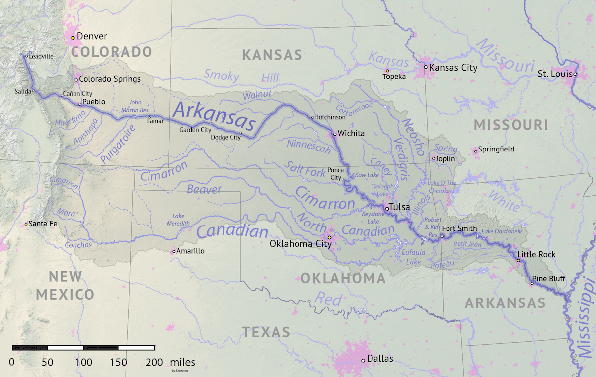 Image of the Arkansas River on a map