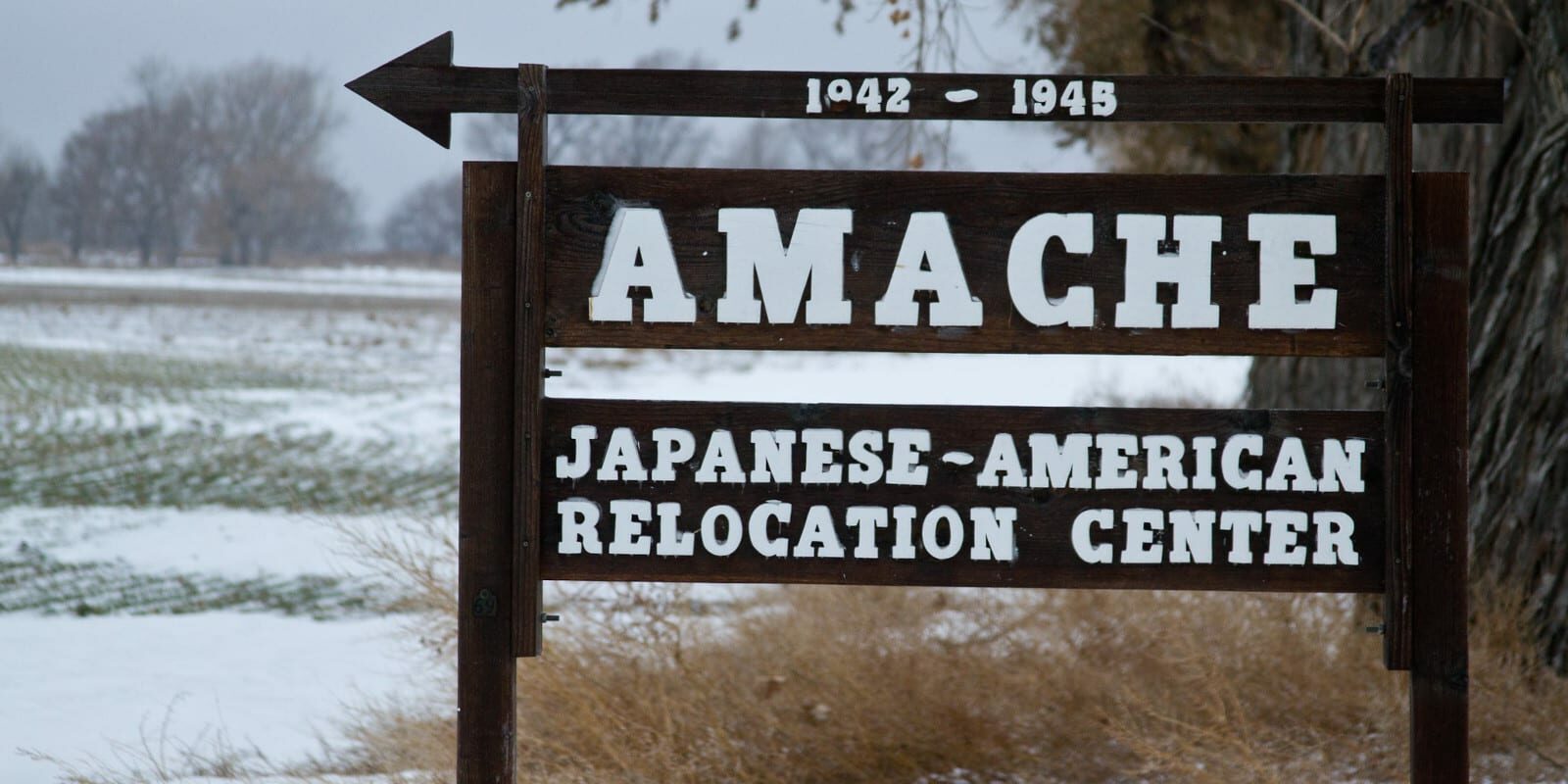 Image of the sign for the Amache Japanese-American Relocation Center in Colorado