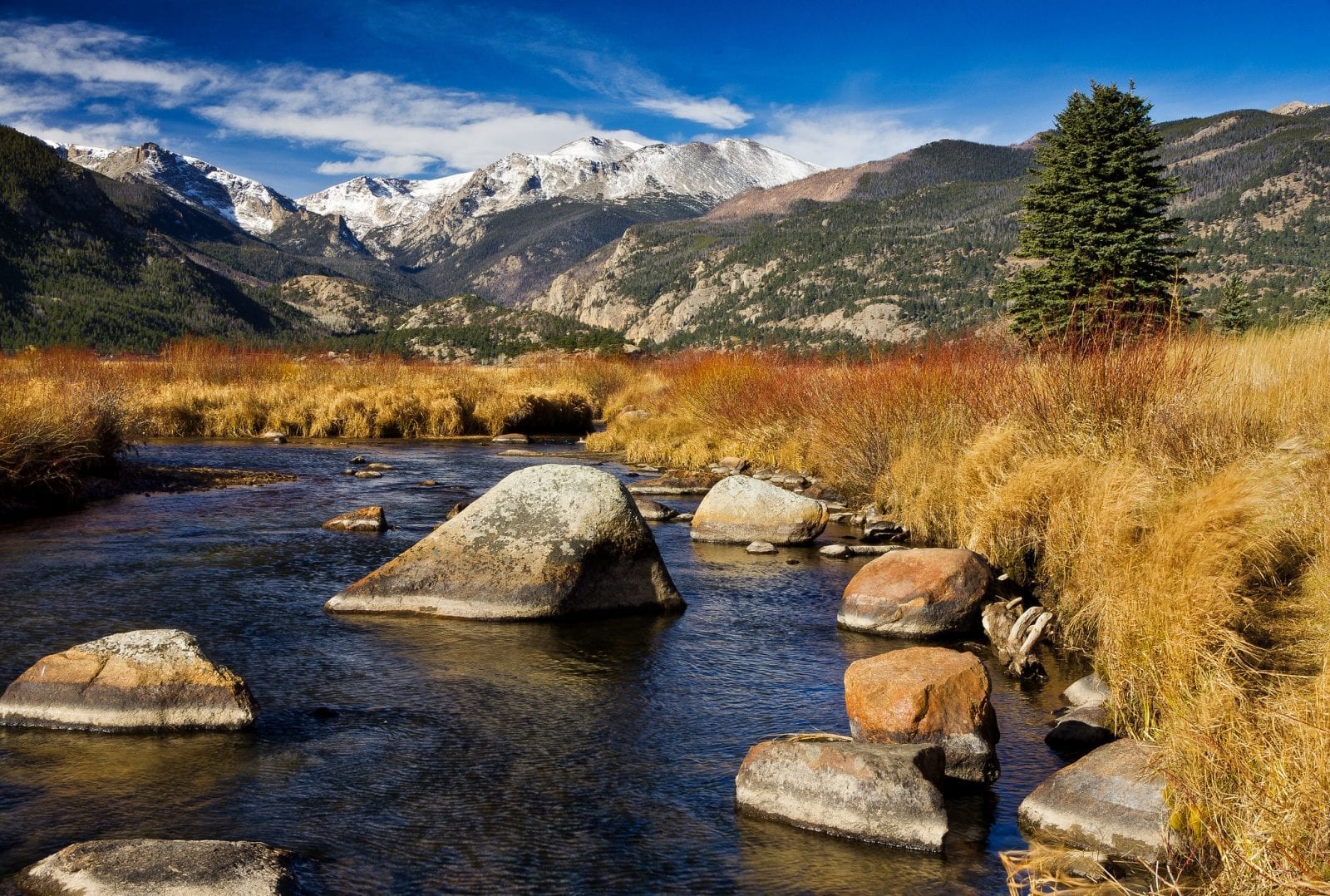 Image of the Big Thompson River with mountains in the background