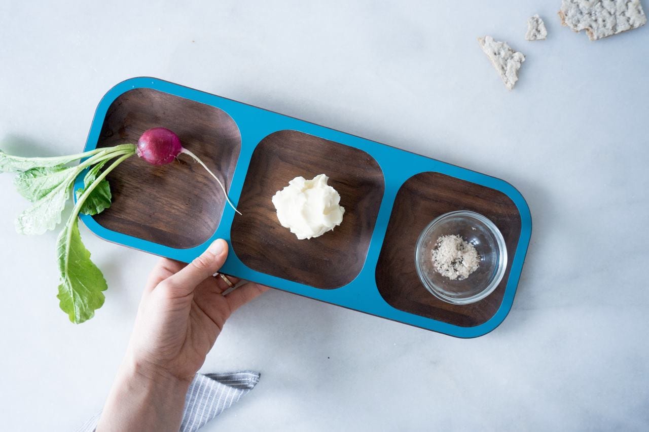 Image of a David Rasmussen wooden tray with a beet, salt, and cheese