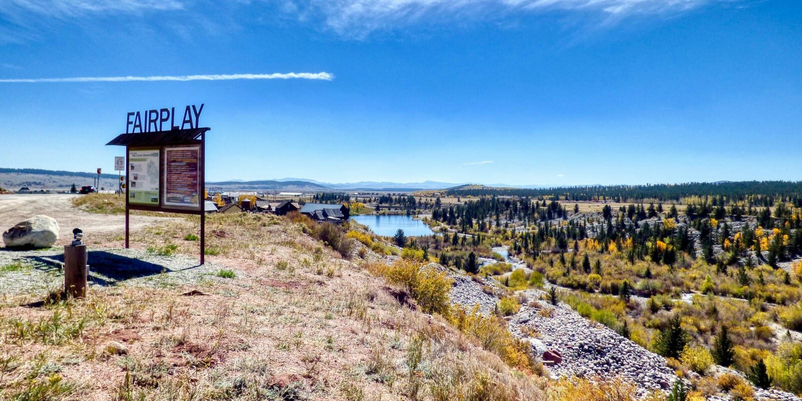 Image of the Fairplay Beach in the distance within the town of Fairplay, Colorado