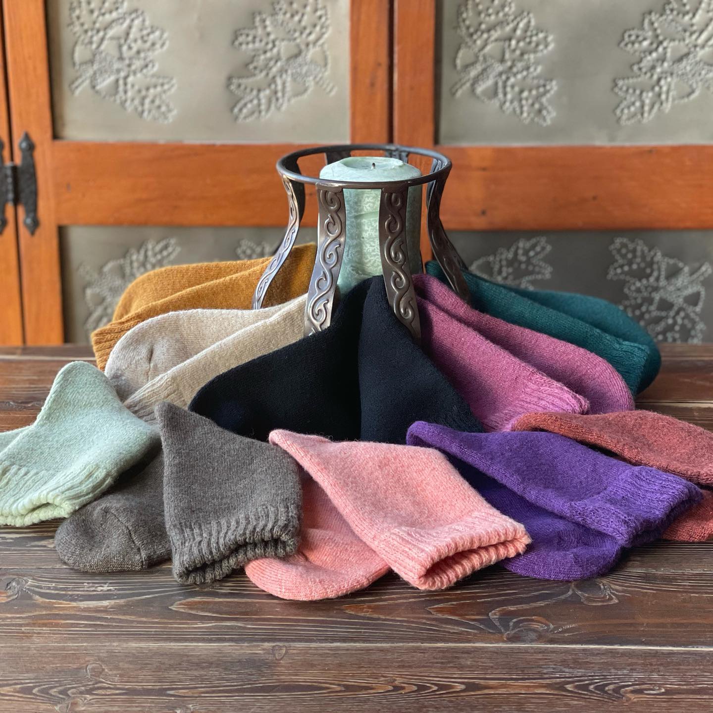 Image of socks on display at Phoenix Fiber Mill in Olney Springs, Colorado