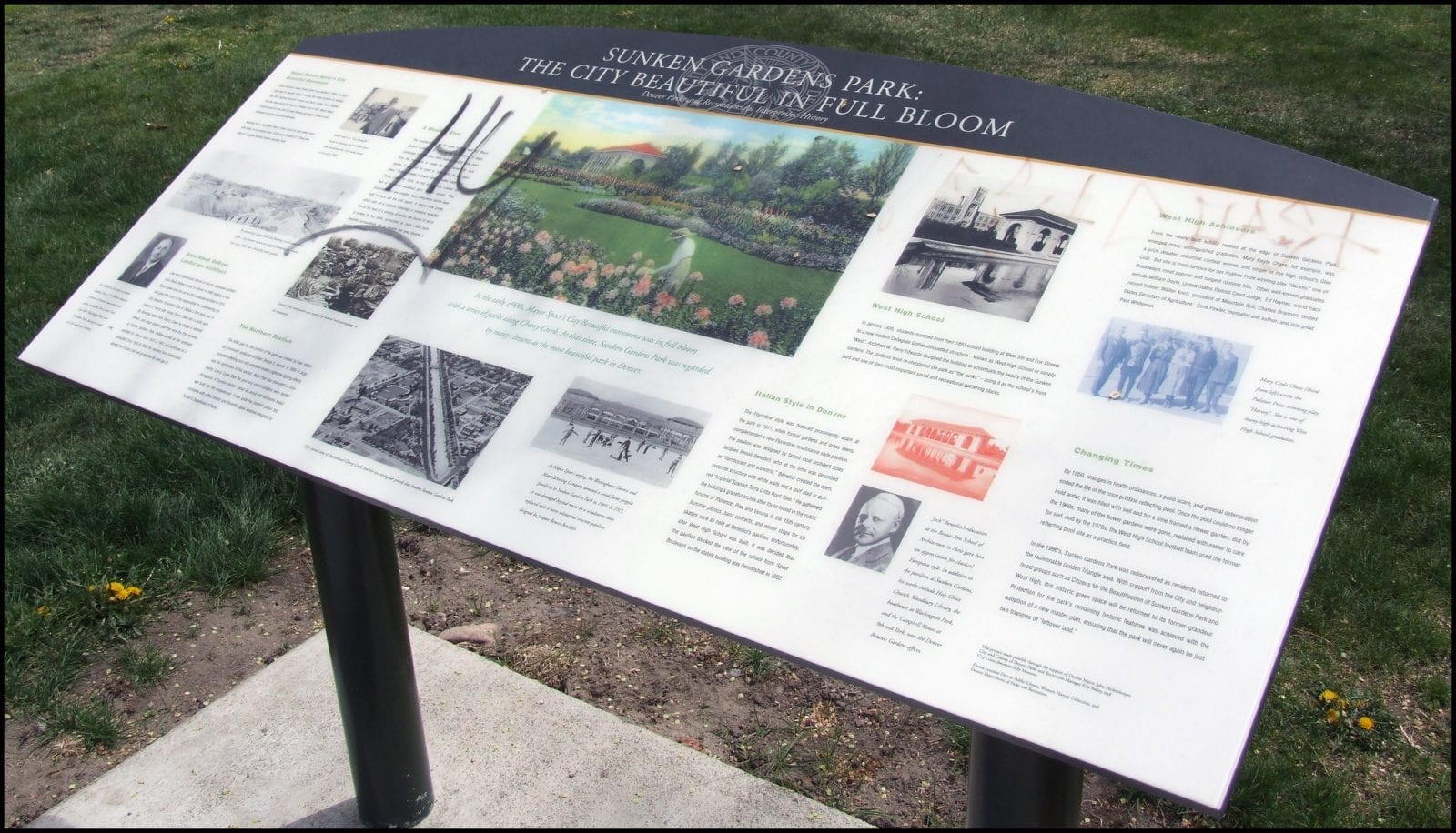 Image of a sign explaining the park at Sunken Gardens Park in Denver, Colorado