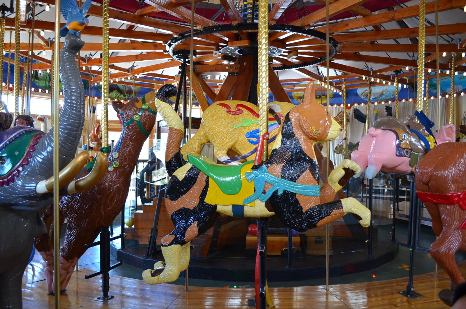 Image of some of the carved animals on the Carousel of Happiness in Nederland, Colorado