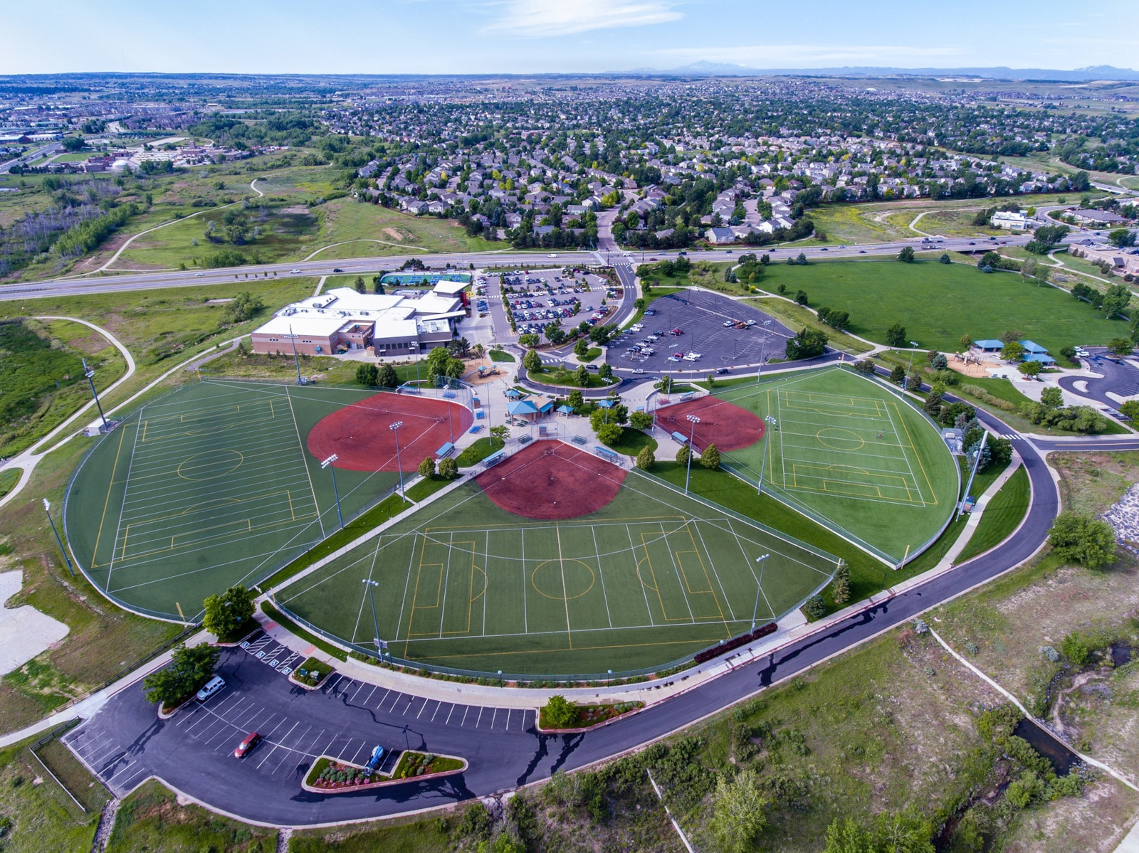 Image of the fields from an aerial perspective at the Challenger Regional Park in Parker, Colorado