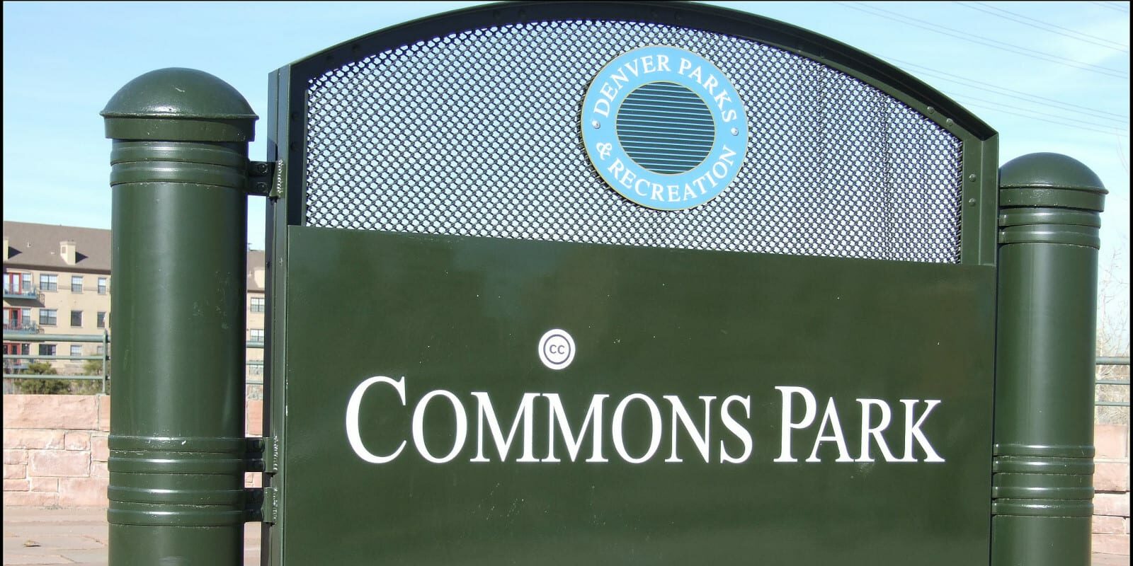 Image of the Commons Park sign in Denver, Colorado