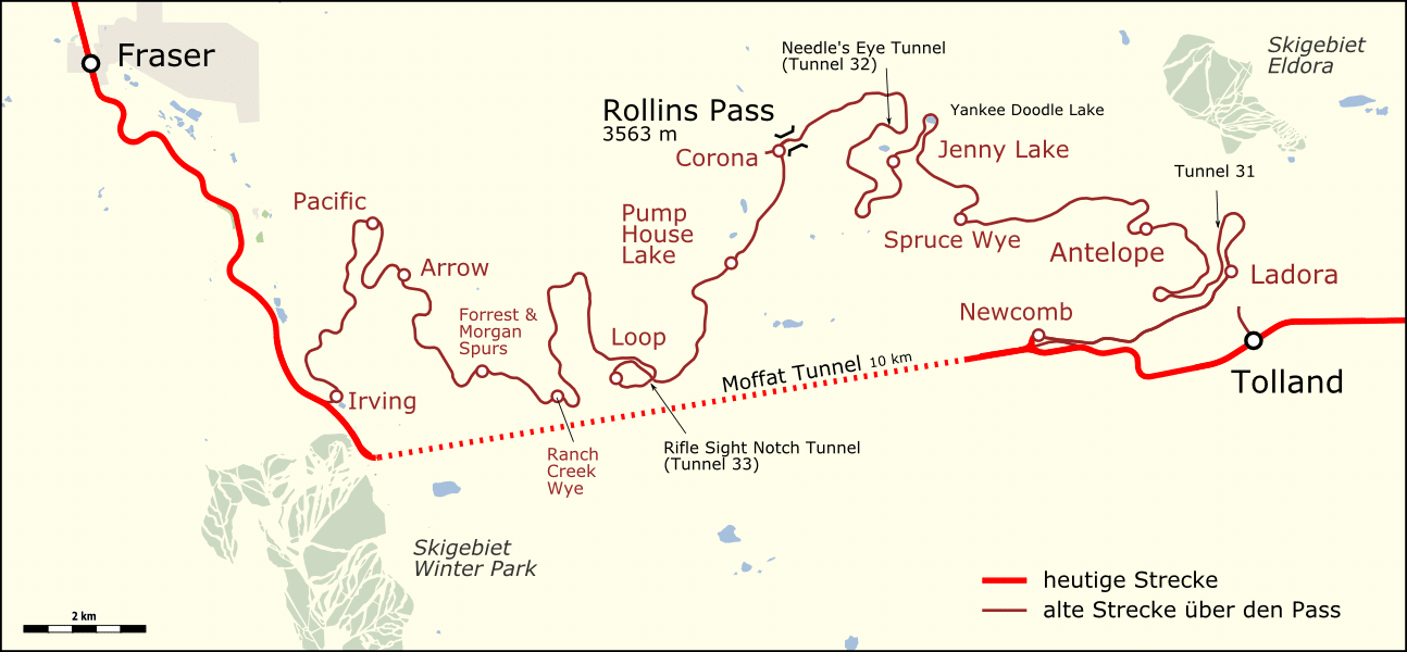 Image of the map of Moffat Tunnel leading to the ghost town of Corona, Colorado