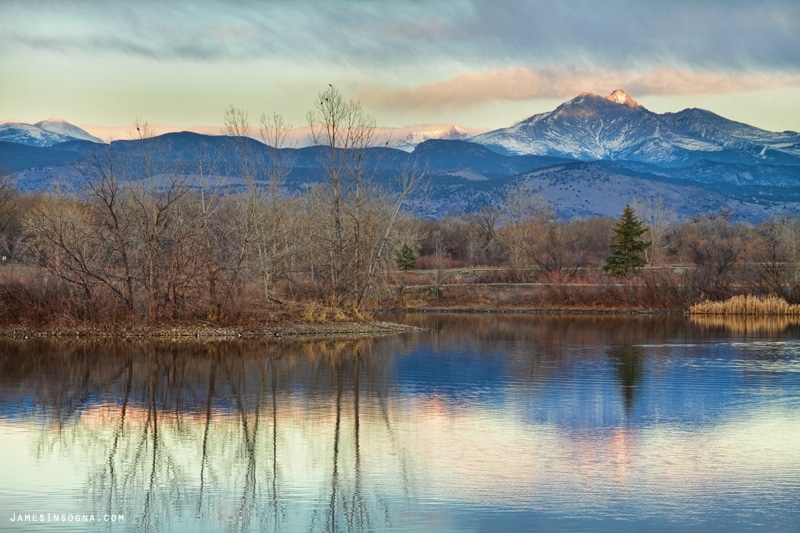 Image of the mountain reflection at Golden Pond Park in Longmont, Colorado