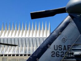 Image of a helicopter in front of the US Air Force Cadet Chapel in Colorado Springs, Colorado