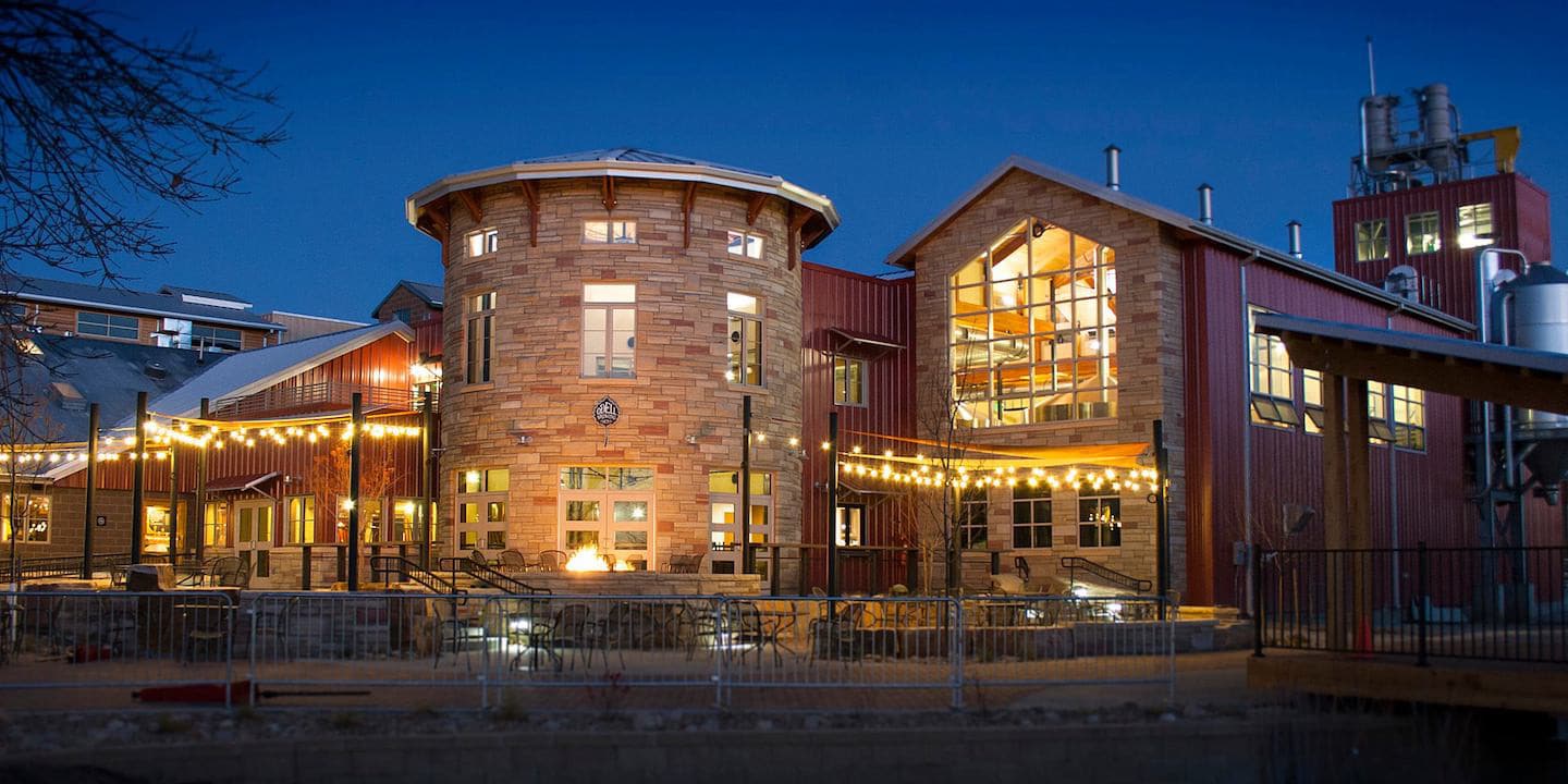 Image of the Odell Brewing Company in Fort Collins at night