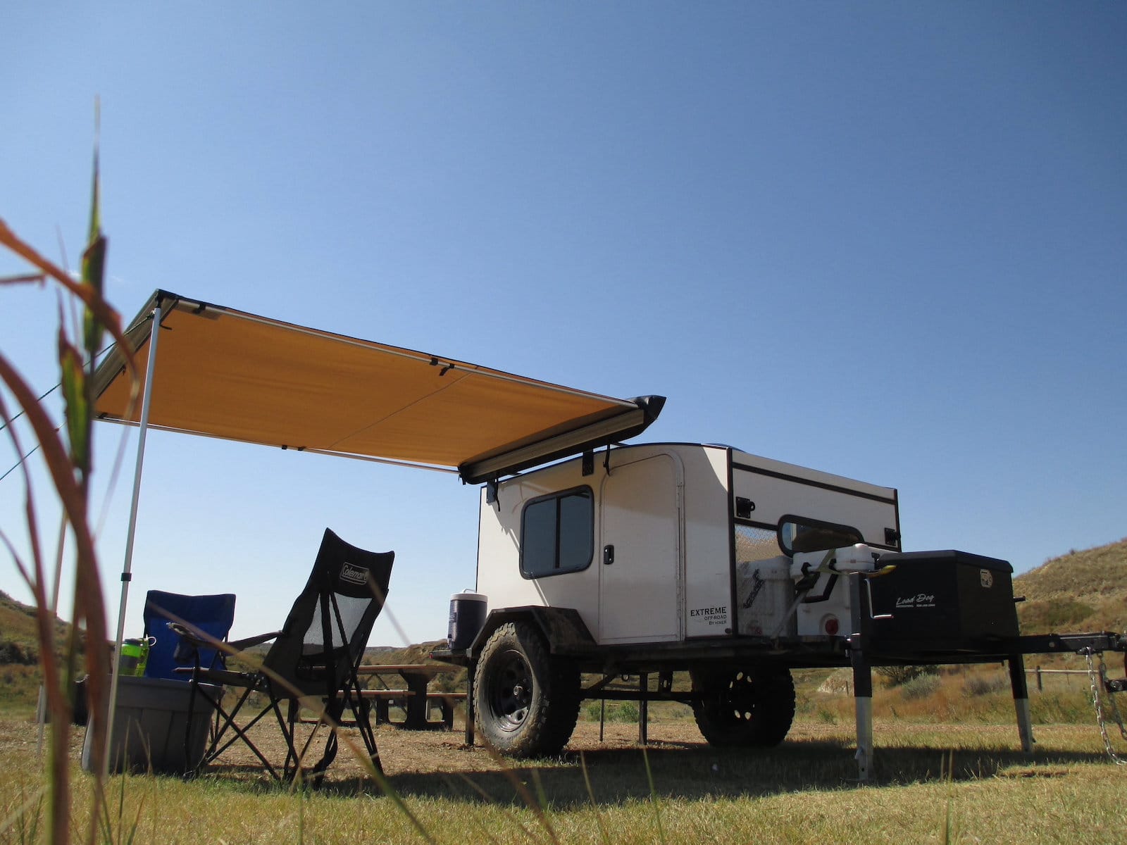 Image of a shade cover connected to a Hiker Trailer