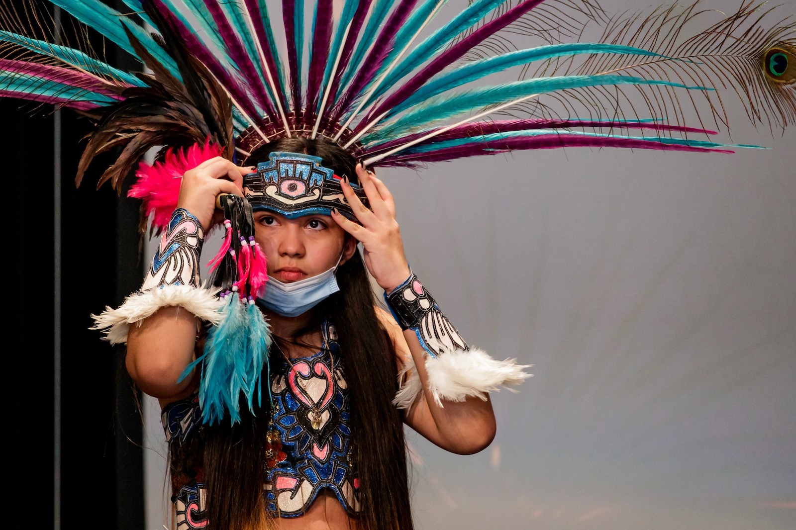 Image of a aztec dance performer at Brecknridge's Dia De Los Muetros festivities in Colorado