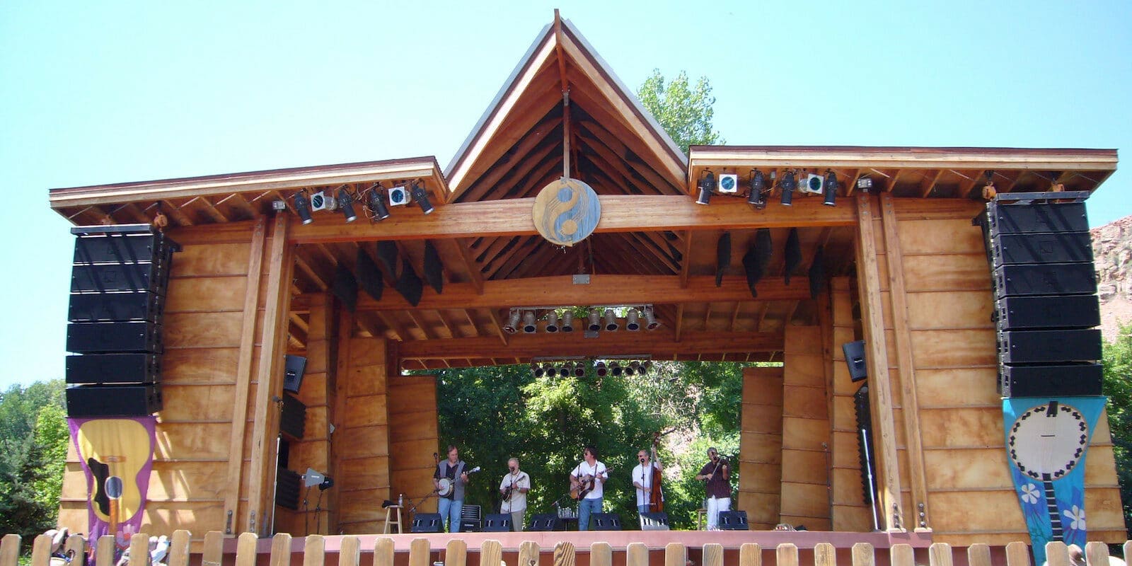 Image of the stage of Rockygrass Festival in Lyons, CO