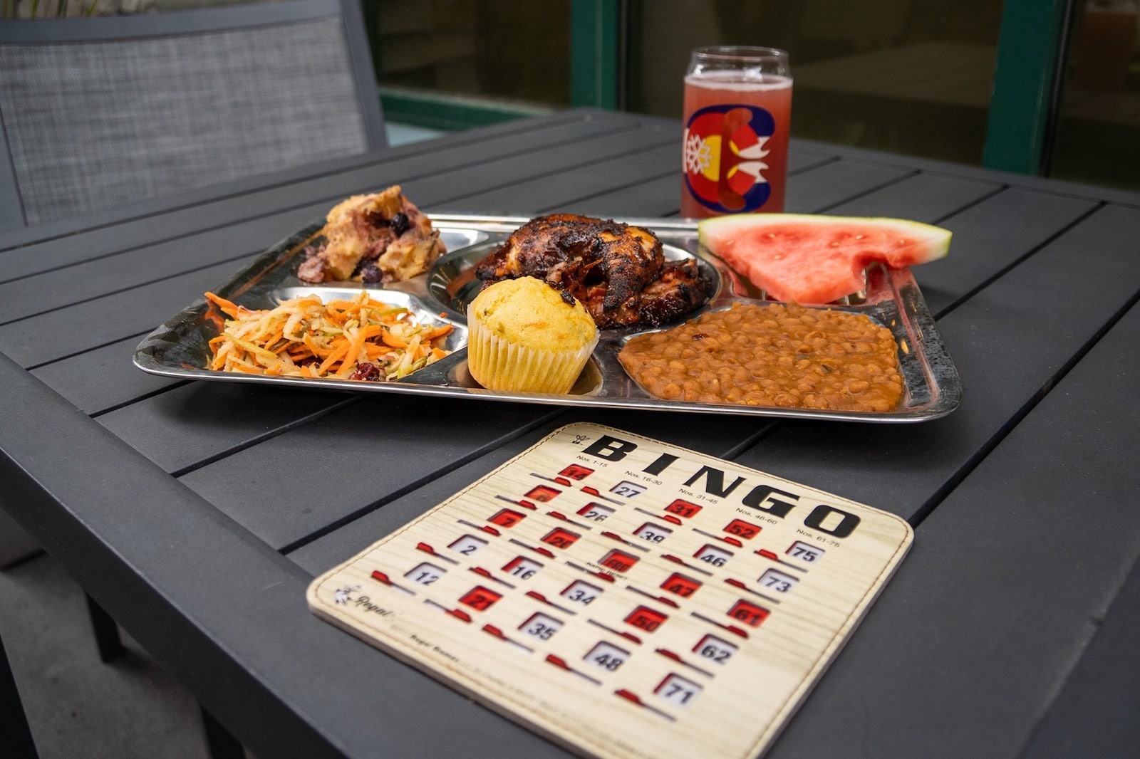 Image of a beer, a bingo card, and BBQ at Copper Mountain, Colorado 