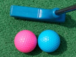 Image of a pink and blue golf ball and blue putter