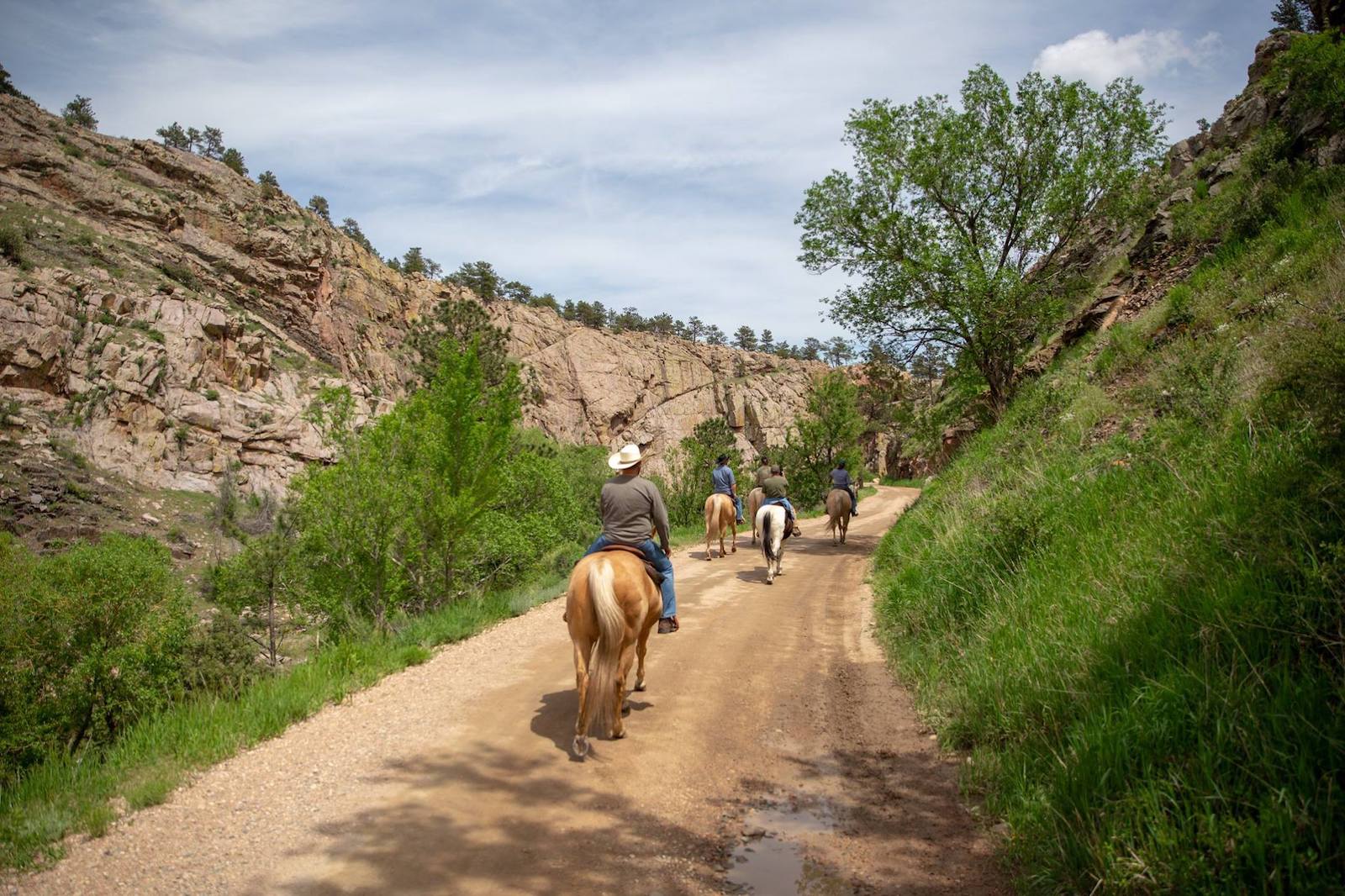 Image of people riding horses down a trail at Sylvan Dale Guest Ranch in Loveland, CO