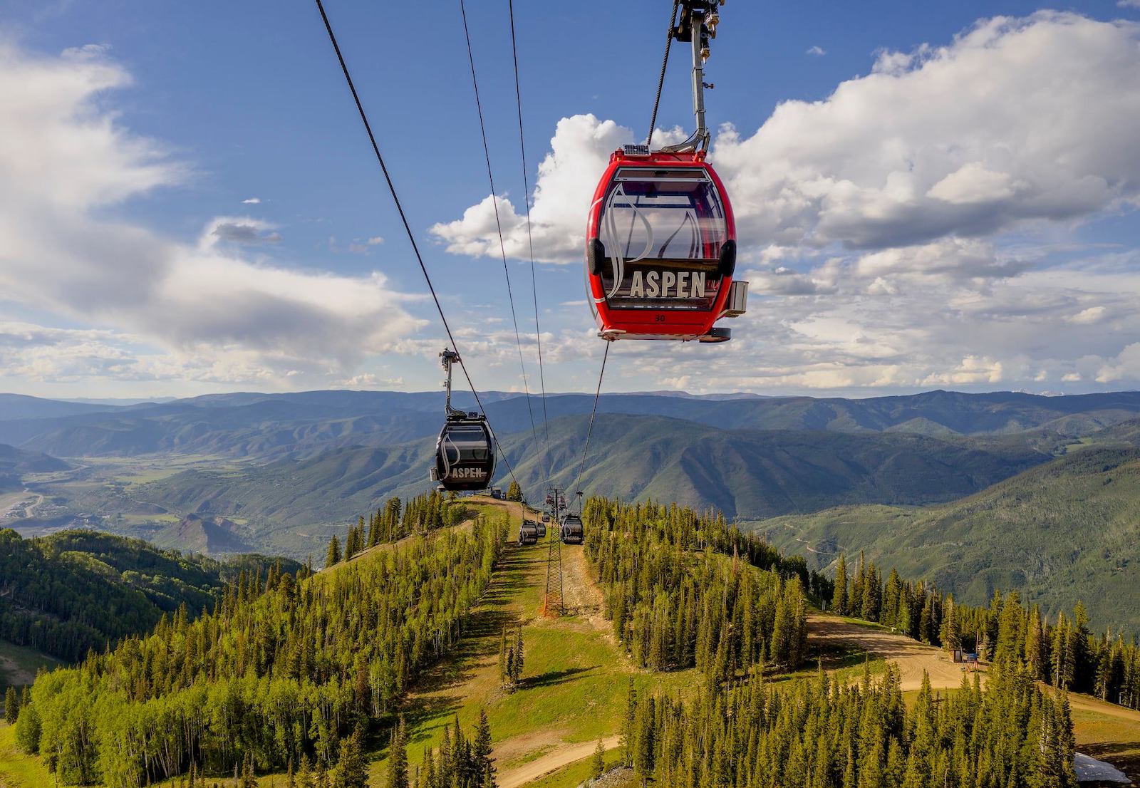 Image of the Silver Queen Gondola at Aspen Mountain, Colorado during the summer