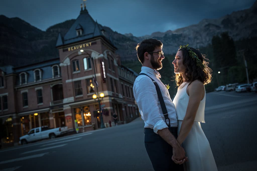 Image of a couple outside of the Beaumont Hotel & Spa in Ouray, Colorado