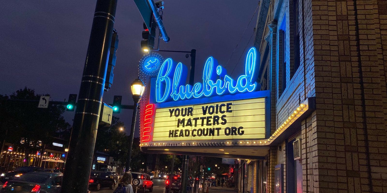 Image of Bluebird Theater's illuminated sign in Denver, Colorado