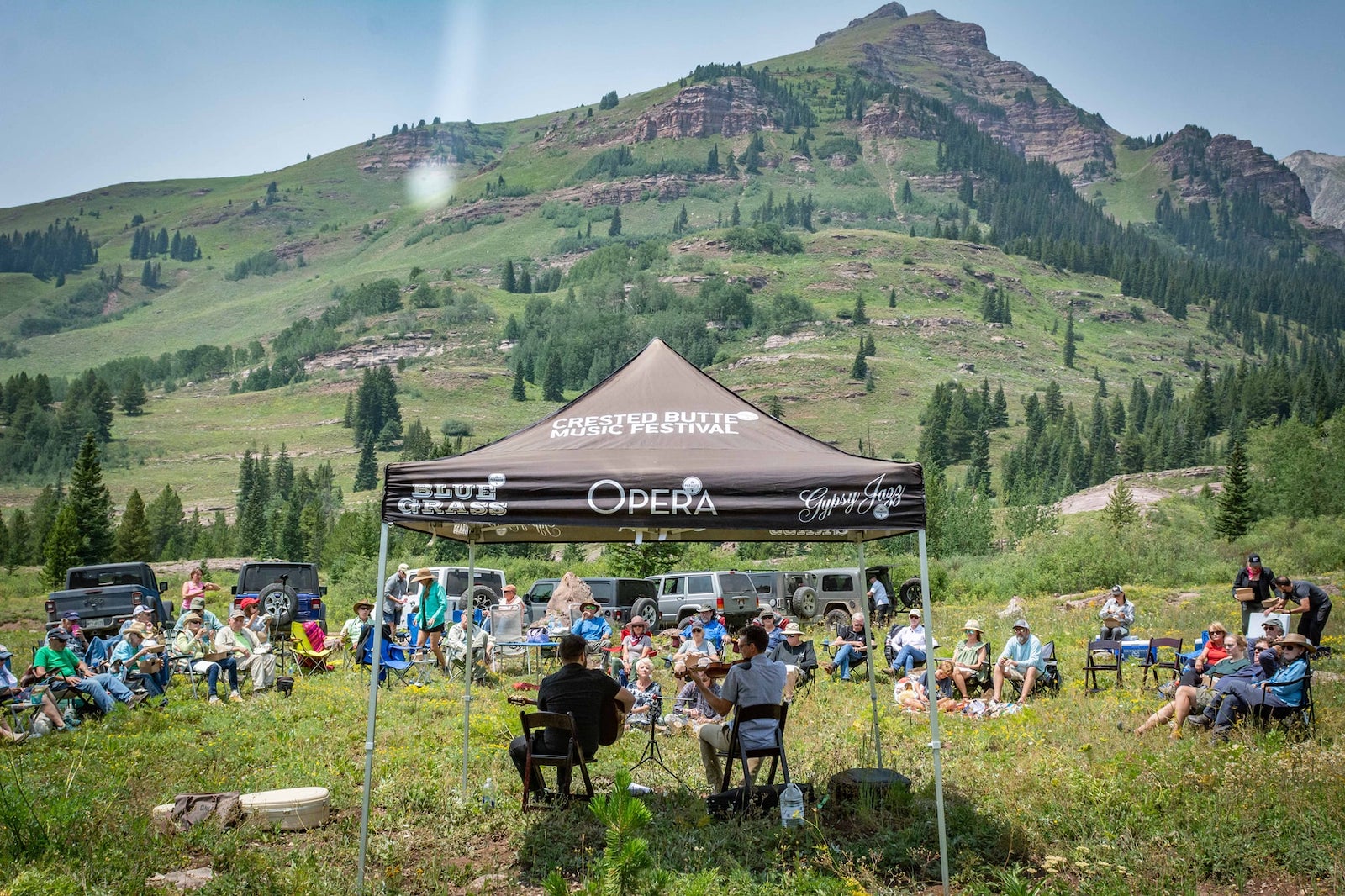 Image of musicians playing music in nature at the Crested Butte Music Festival in Colorado