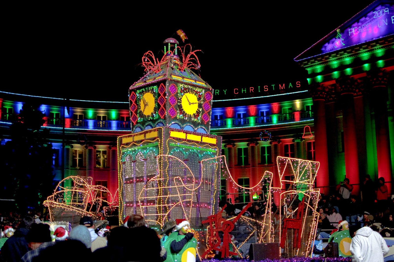 Image of a parade float and holiday lights and Denver's Parade of Lights in Colorado