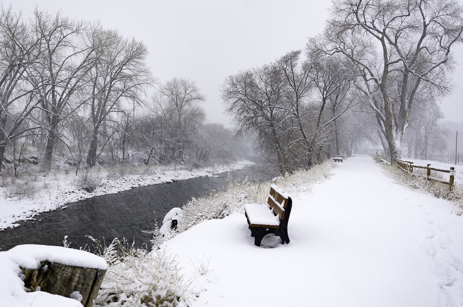 Image of the riverwalk in canon city, Colorado covered in snow