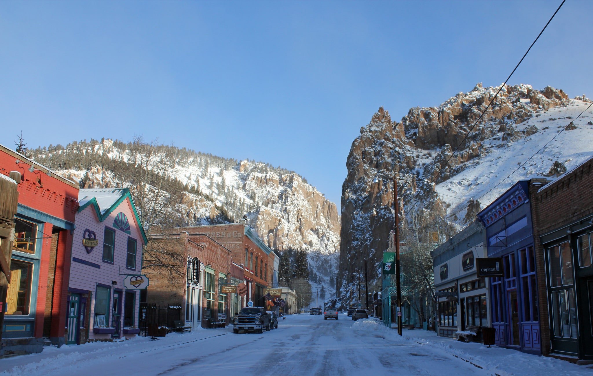 downtown creede in the winter with snow