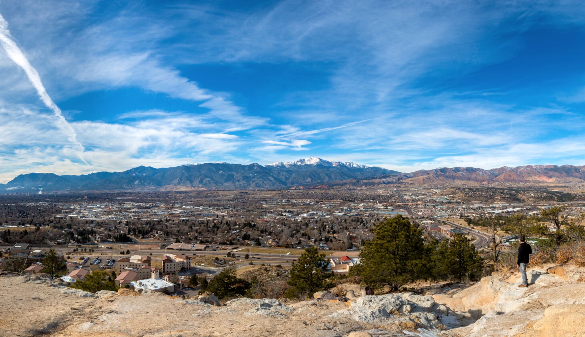 A panoramic view of the Colorado Springs area, Garden of the Gods, and Pikes Peak.