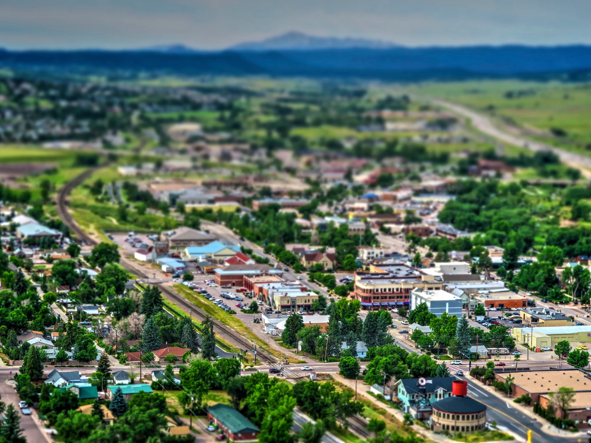 Bird's eye view of Castle Rock, Colorado, with Pikes Peak in the background