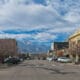 Downtown Colorado Springs on Kiowa Street with Pikes Peak in background