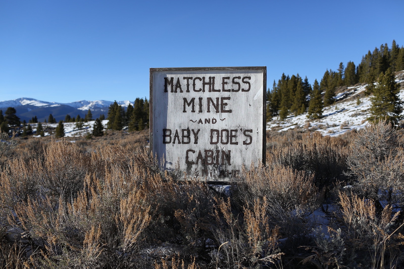 Image of a sign for Matchless Mine and Baby Doe Cabin in Leadville, CO