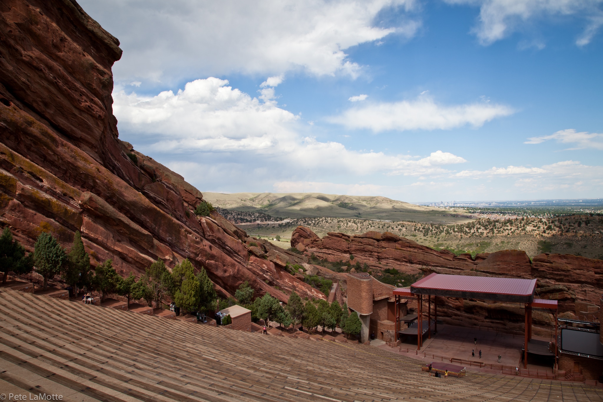 Looking down the staged seating of Red Rocks Amphitheater in Colorado.