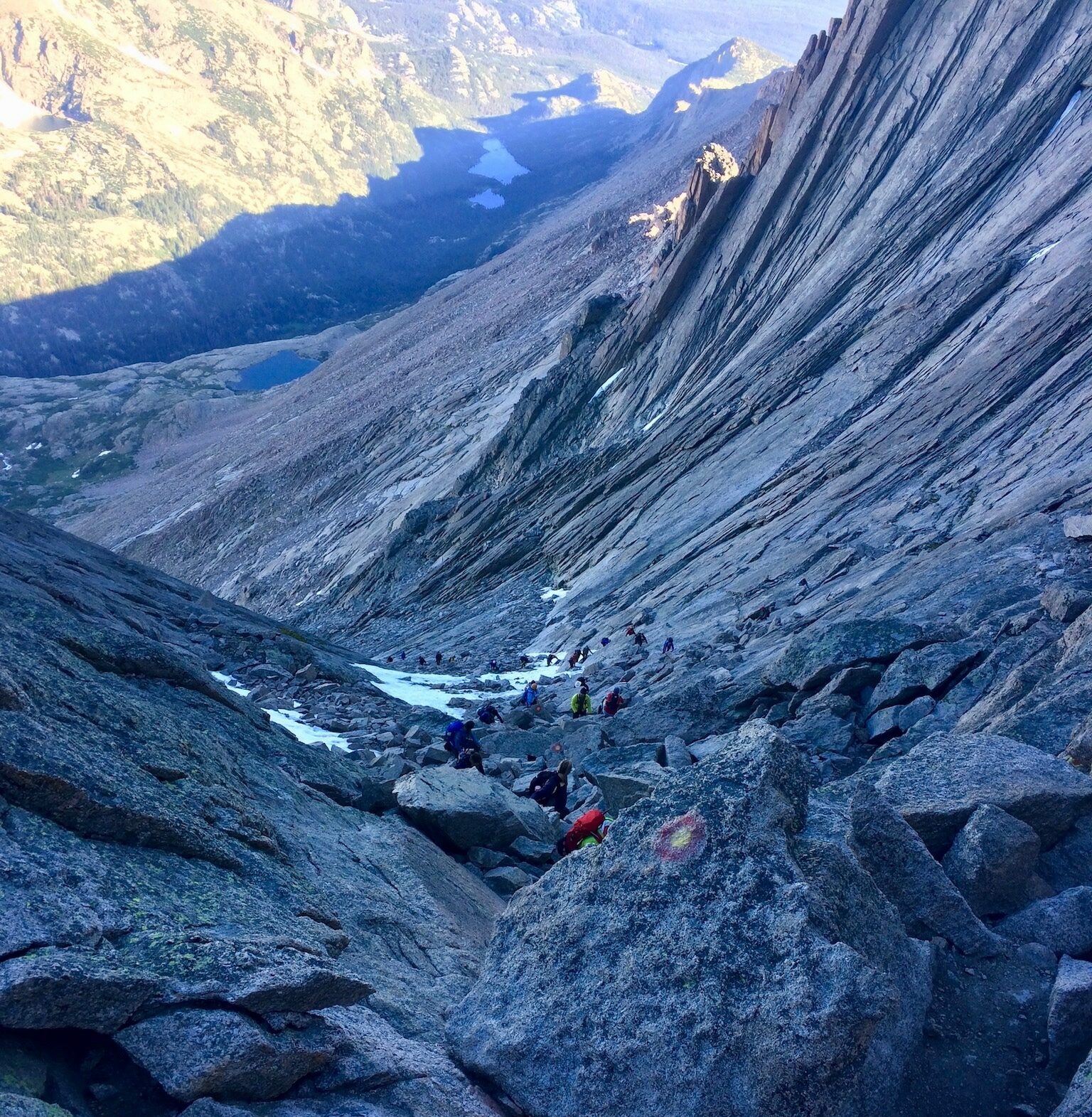 Looking down the Trough, a steep section of the scramble up Longs Peak in Rocky Mountain National Park.