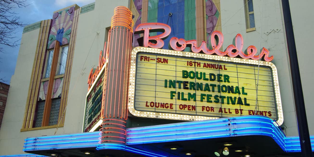 Image of the sign outside the theater for the Boulder International Film Festival in Colorado