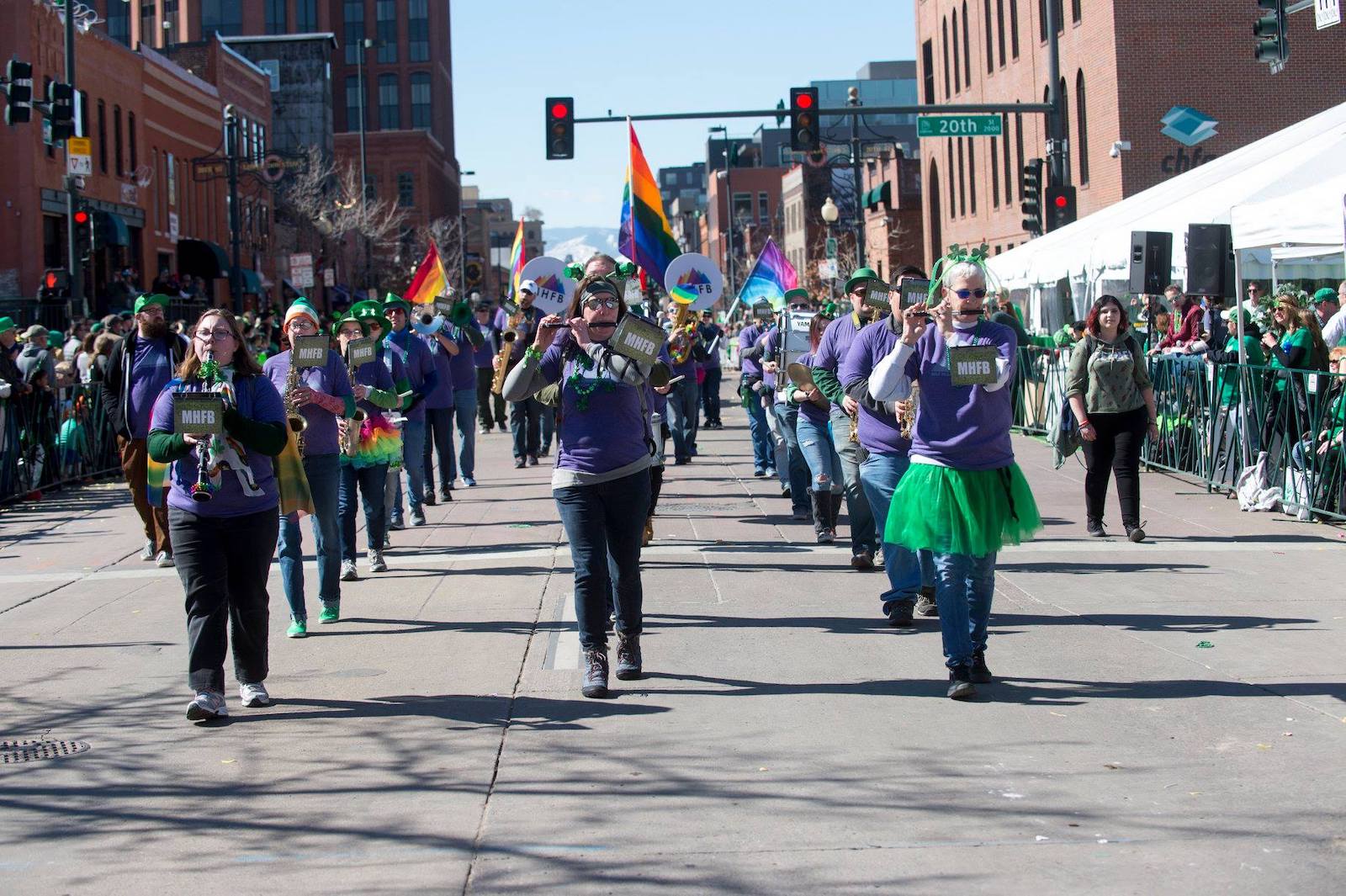 Image of a band performing at the Denver St. Patrick's Day Parade in Colorado