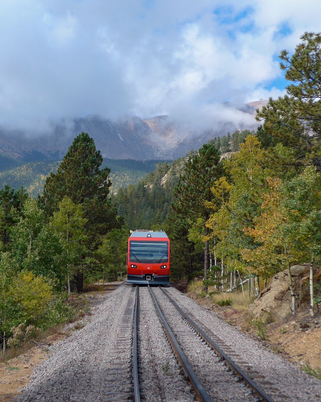 Red train on train tracks in an alpine forest