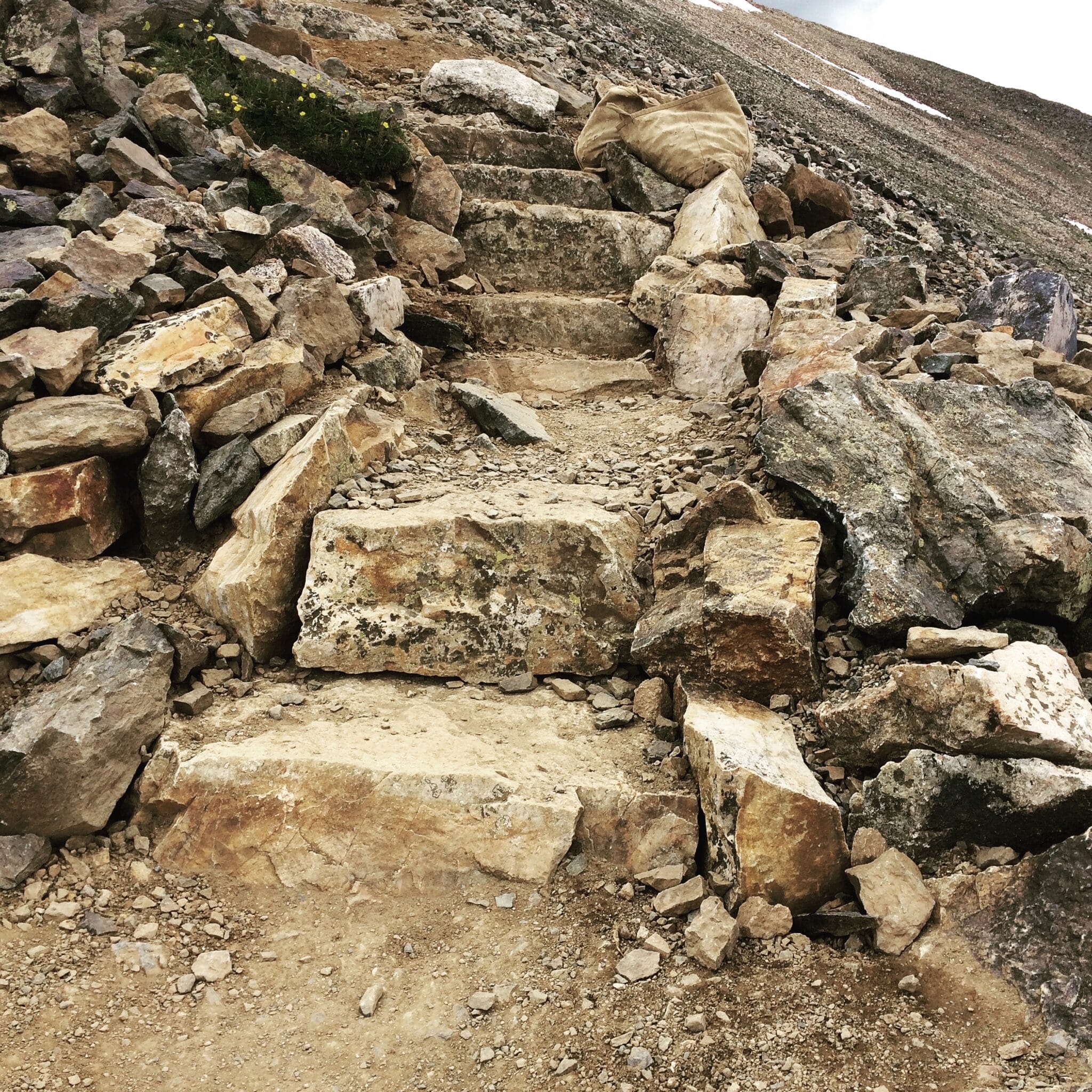 A stone staircase made out of talus to help prevent erosion.