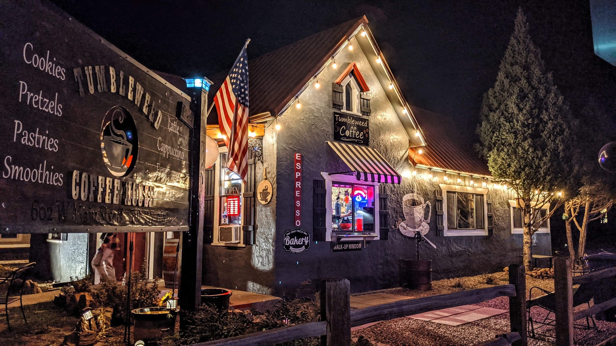 Coffeehouse with Christmas lights