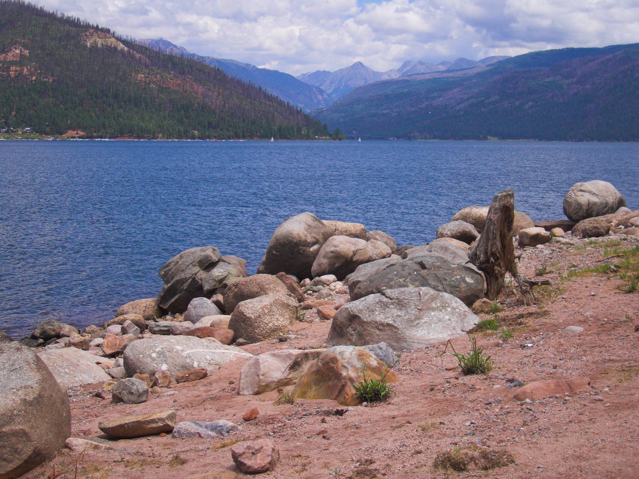 Looking across Vallecito Lake towards sharp summits in the San Juan National Forest. 