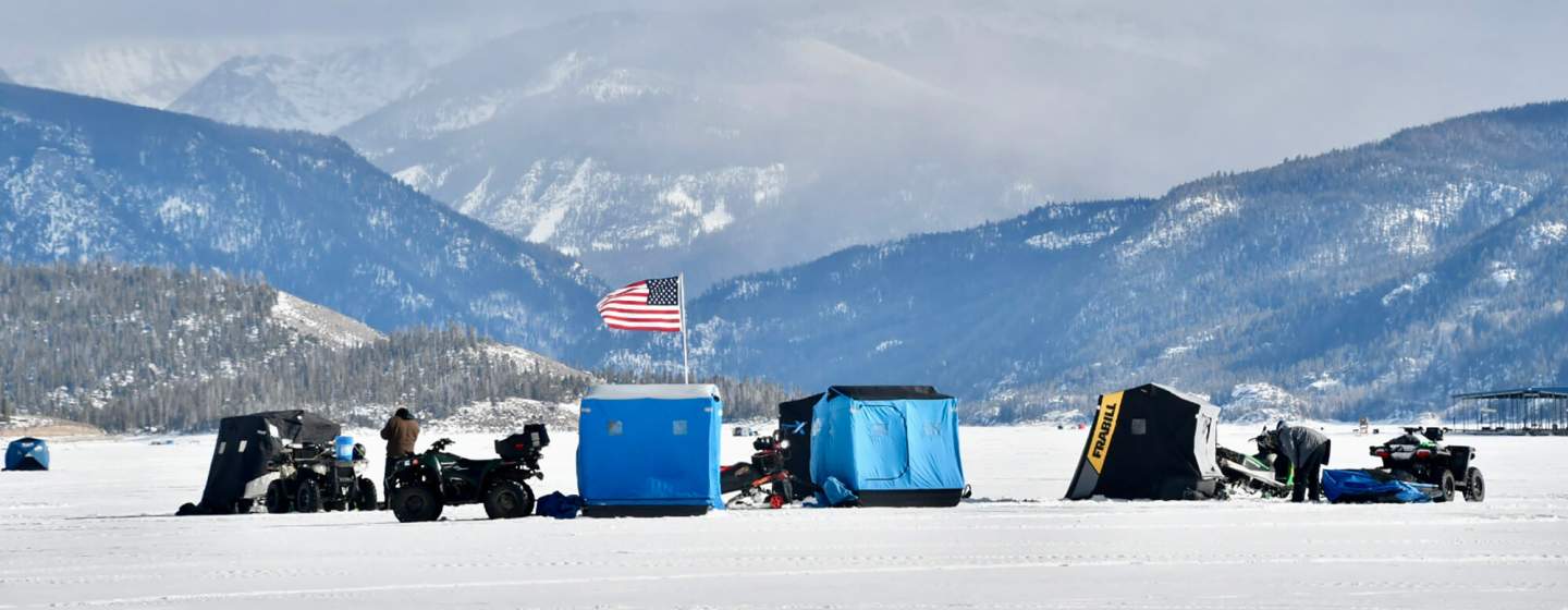 Ice fishing on Granby Lake